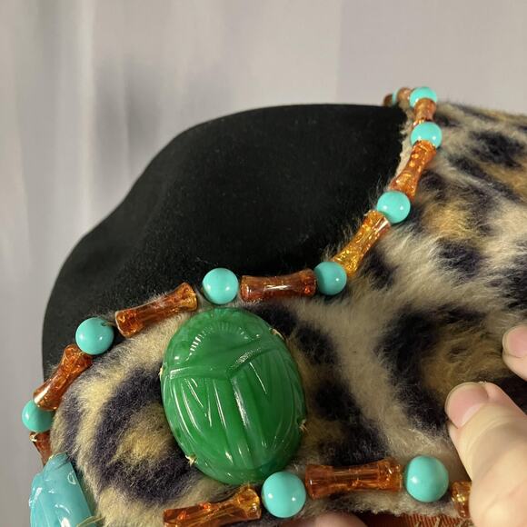Egyptian Scarab Hat Headdress Fitted Womens Leopard Print Beaded Turquoise Black - Picture 14 of 16